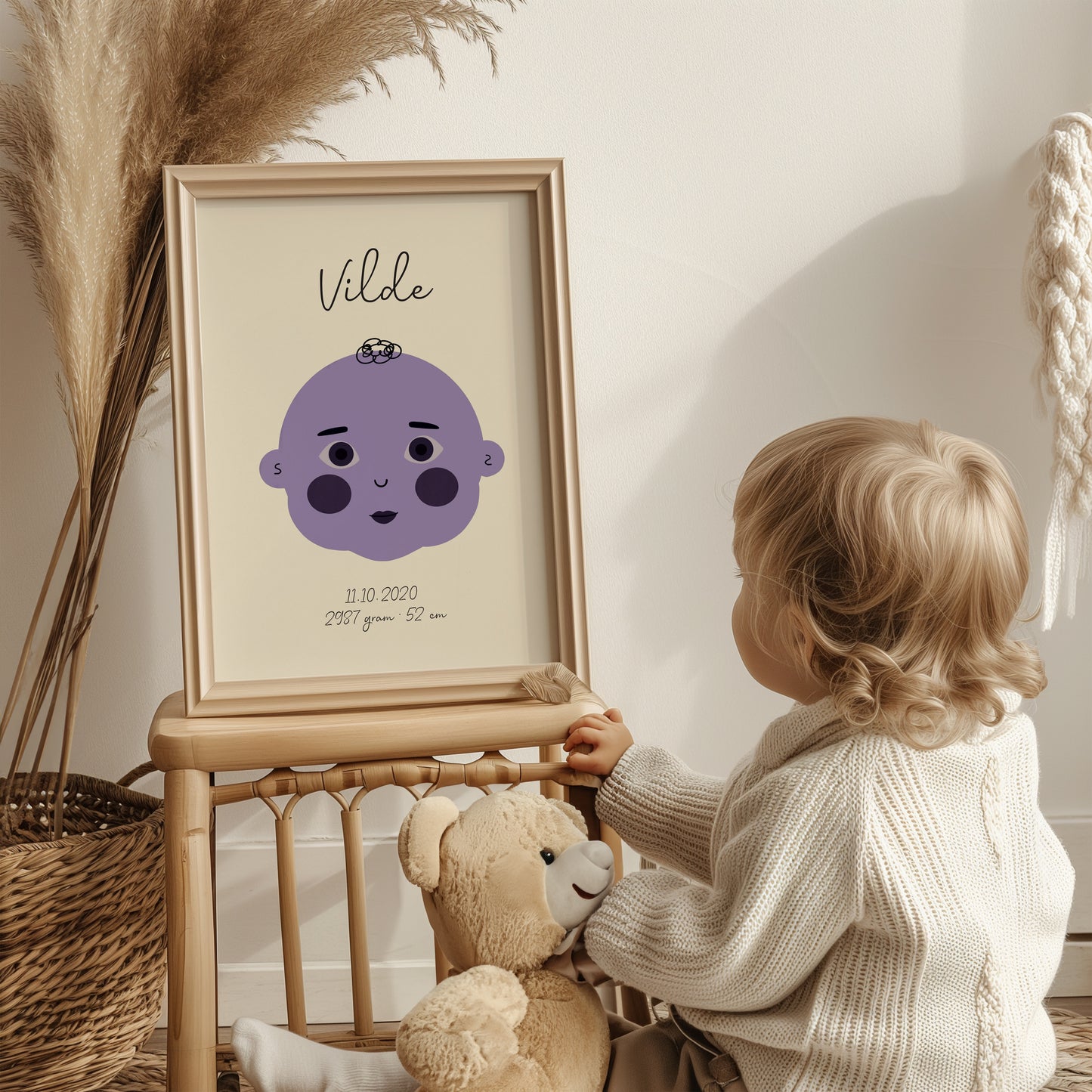 Navneplakat lilla | Plakat med navn, fødselsdato og mål