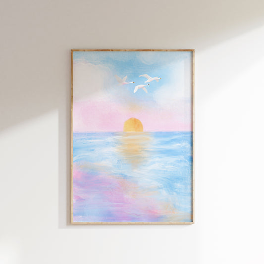 Ocean view | Plakat med havudsigt, solnedgang og svaner