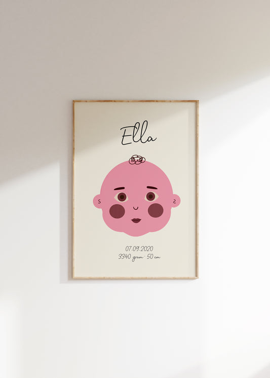 Navneplakat lyserød | Plakat med navn, fødselsdato og mål