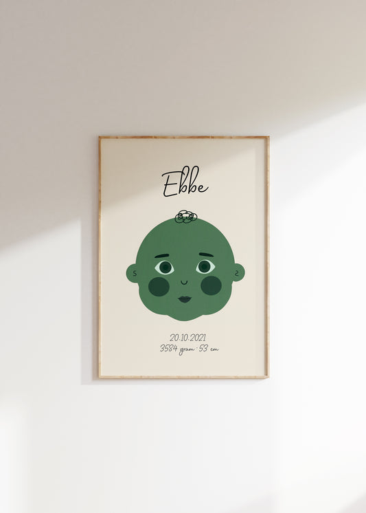 Navneplakat grøn | Plakat med navn, fødselsdato og mål