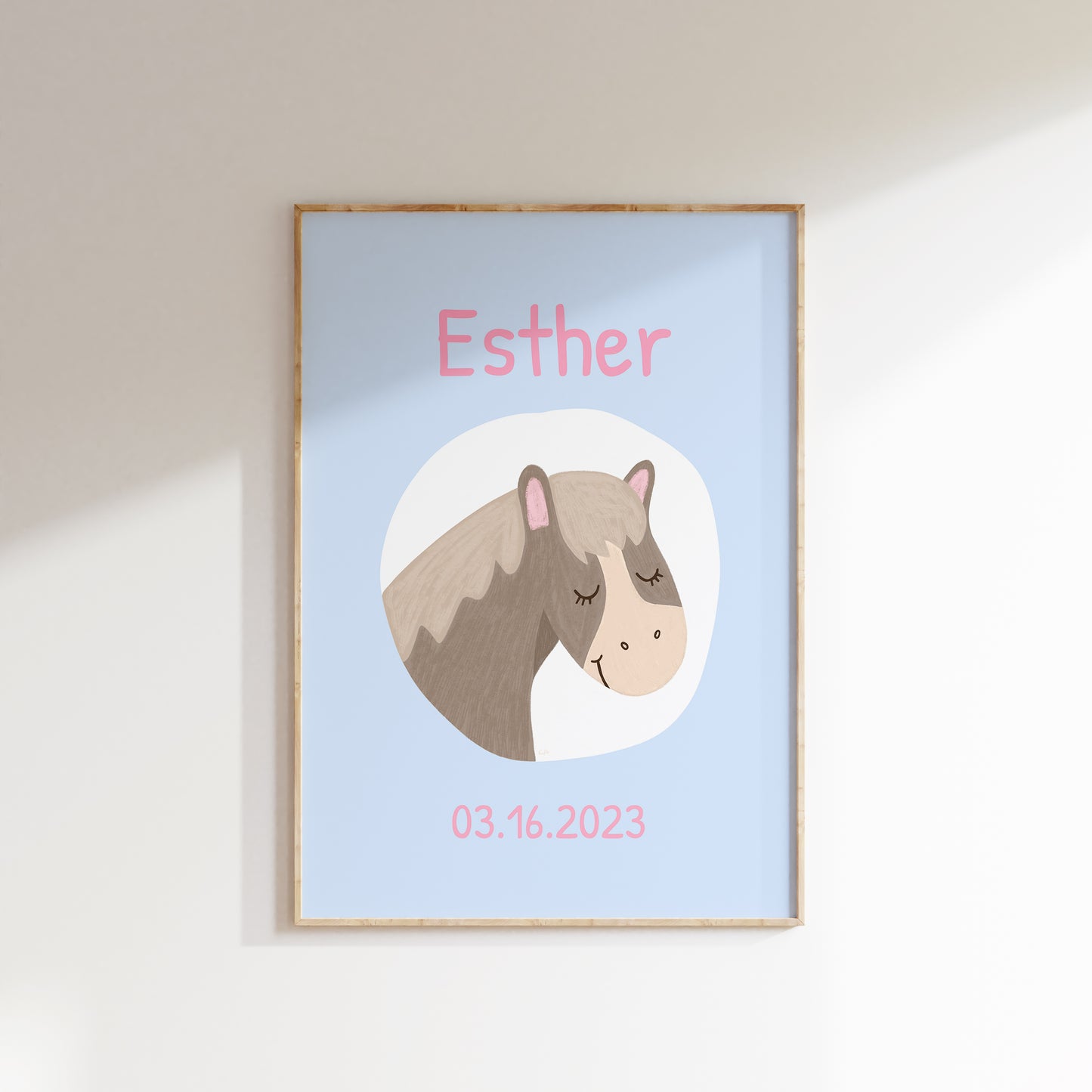Navneplakat med hest | Plakat med barnets navn og fødselsdato