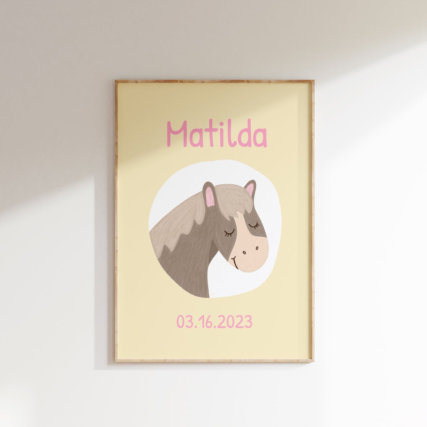 Navneplakat med hest | Plakat med barnets navn og fødselsdato