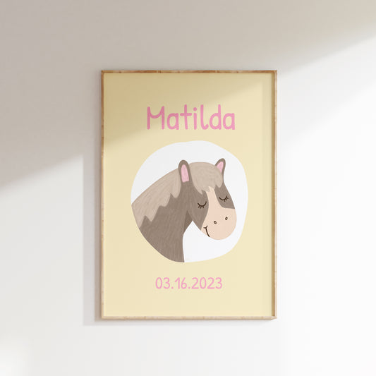 Navneplakat med hest | Plakat med barnets navn og fødselsdato