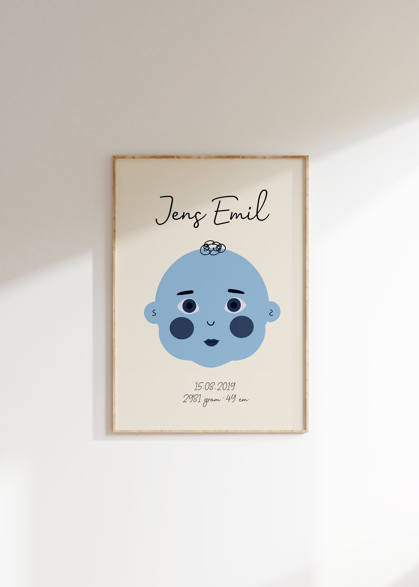 Navneplakat blå | Plakat med navn, fødselsdato og mål