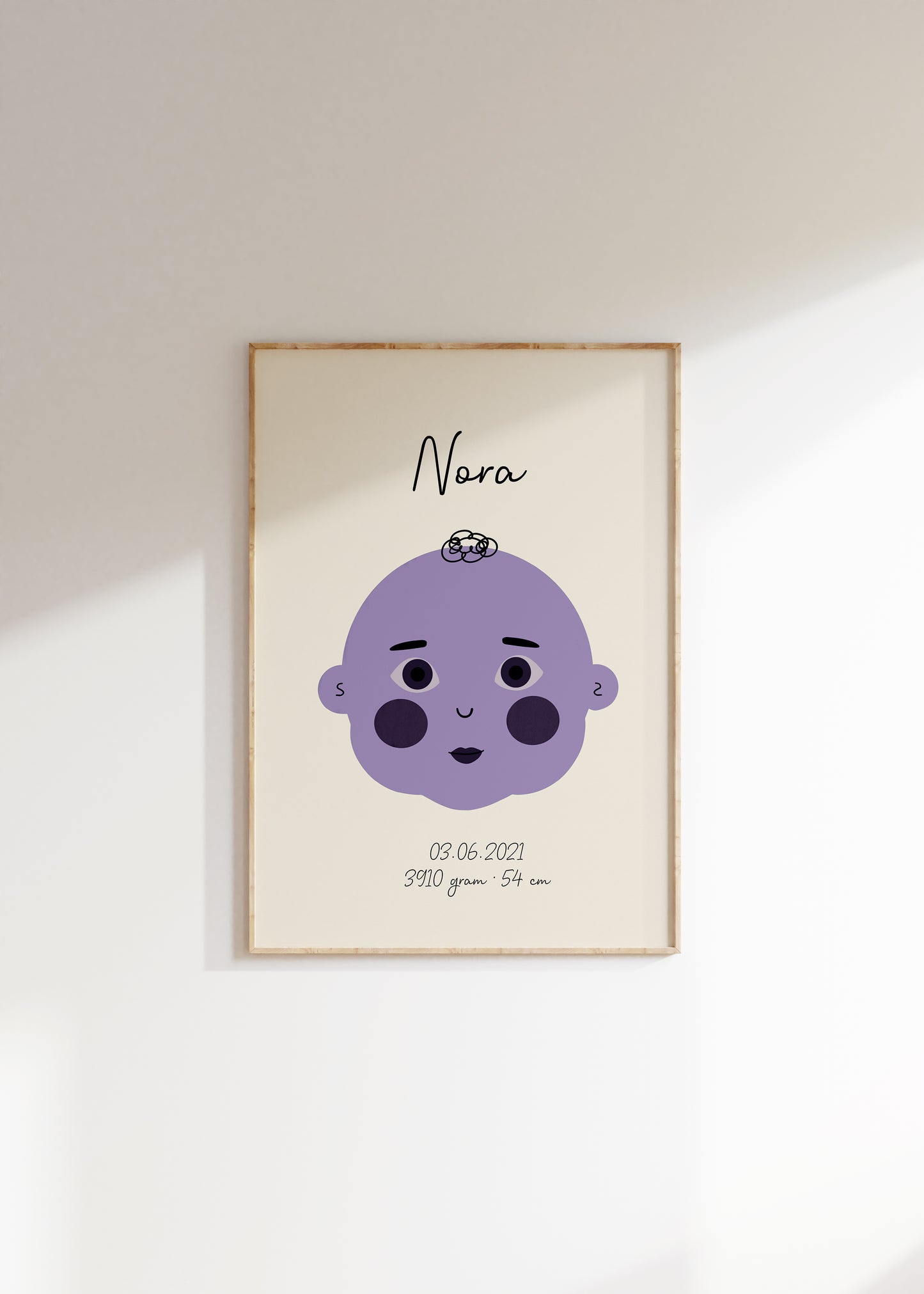 Navneplakat lilla | Plakat med navn, fødselsdato og mål