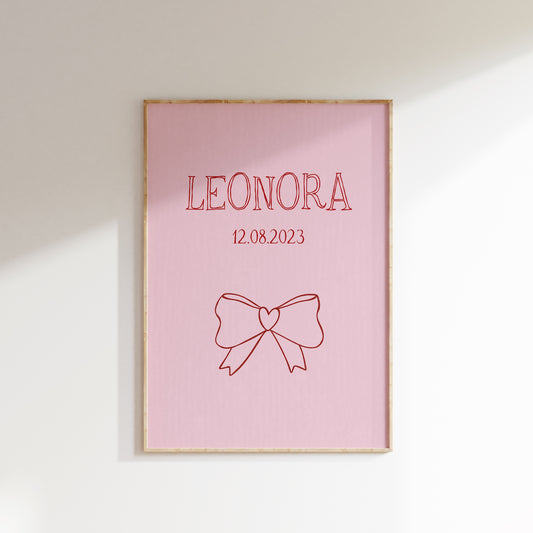 Navneplakat med sløjfe | Plakat med barnets navn og fødselsdato