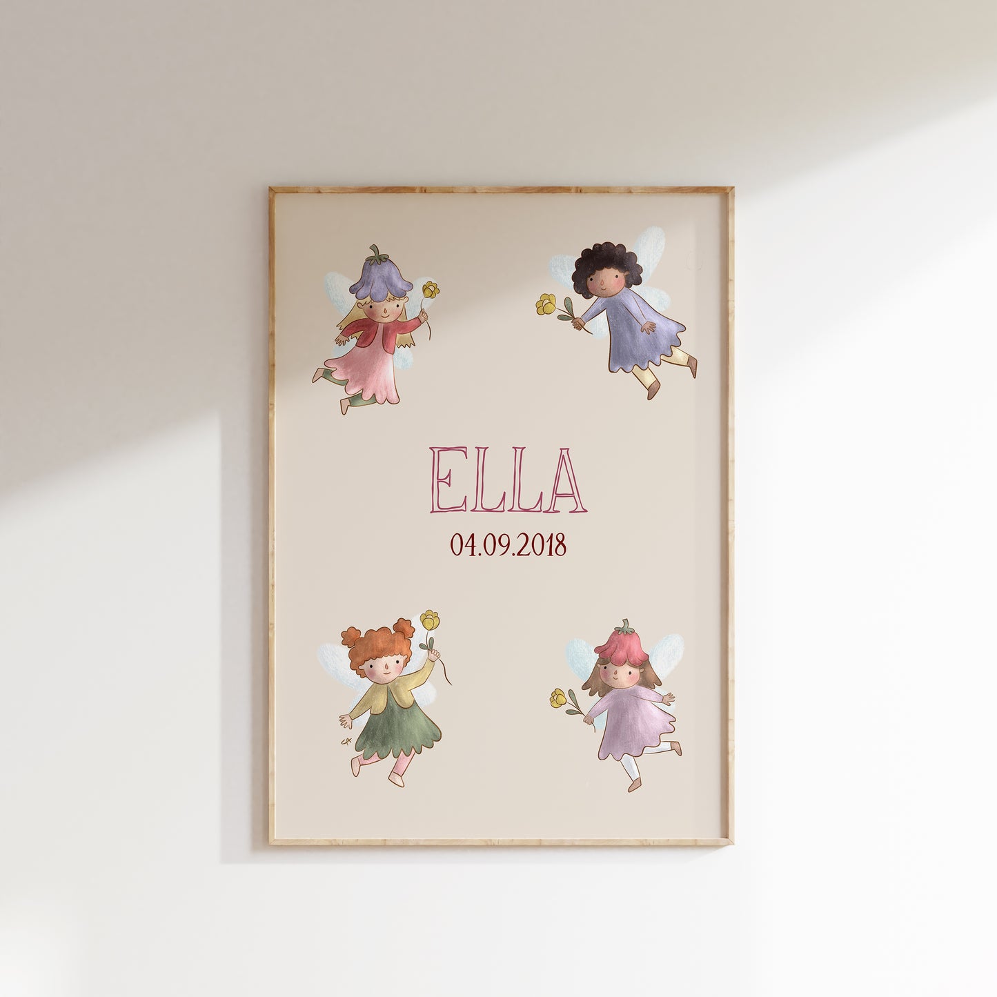 Navneplakat med feer | Plakat med barnets navn og fødselsdato