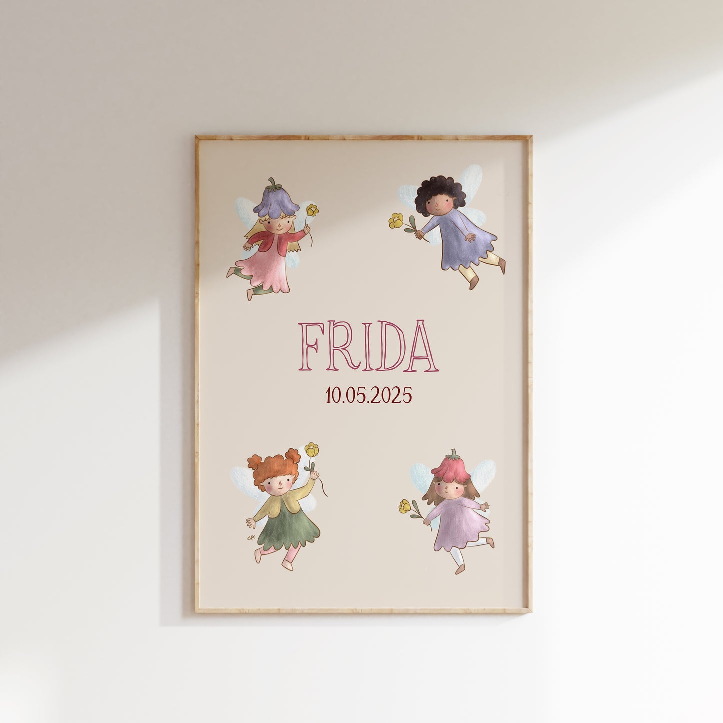 Navneplakat med feer | Plakat med barnets navn og fødselsdato
